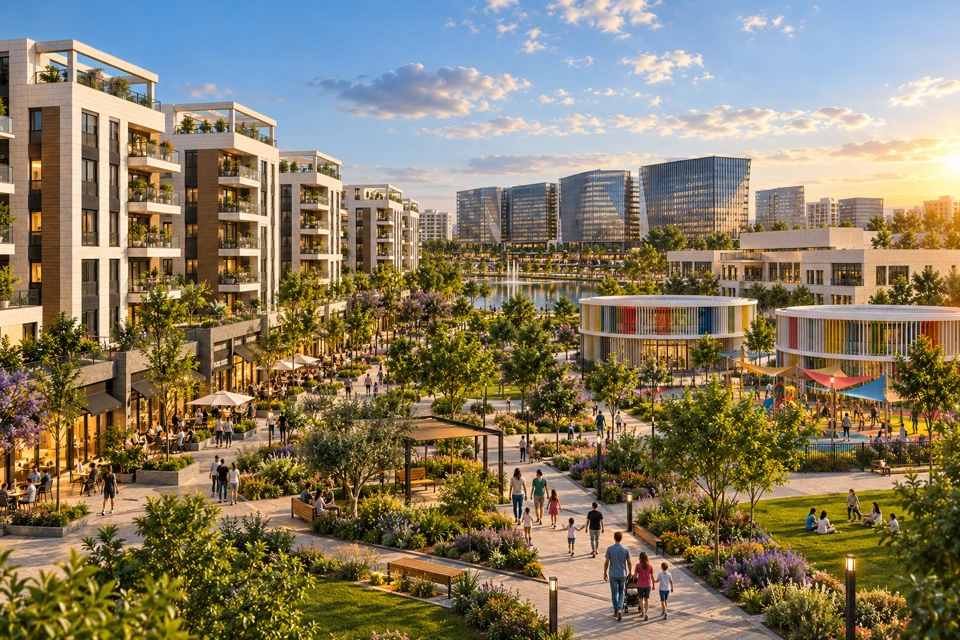 איור להמחשה של סביבת מגורים עם מרחב ציבורי ירוק